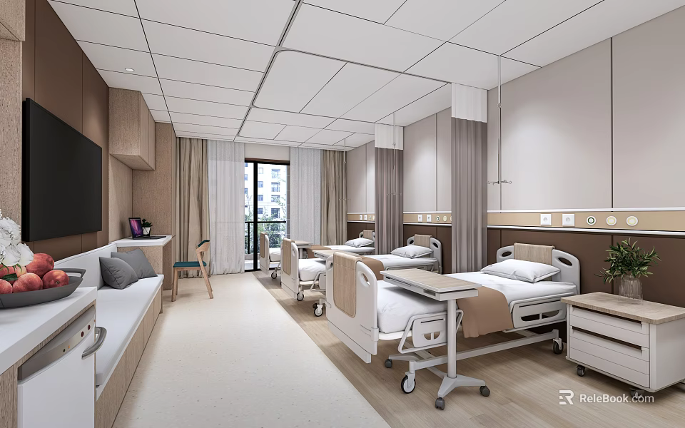 Advanced Medical Equipment In Modern Hospital Room With Adjustable Beds And Cabinets 3d model 