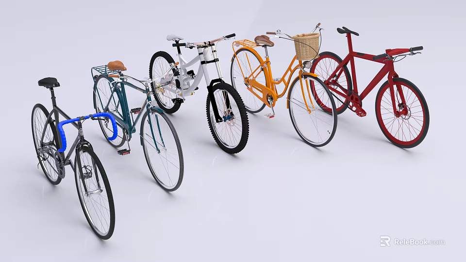 Colorful Bicycles In Various Styles With Basket And Modern Frames For Riders 3d model 