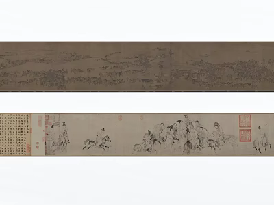Ancient Chinese Scroll Paintings with Landscape Figures Horses and Calligraphy Seals 3d model