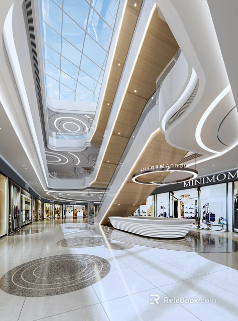 Spacious Shopping Mall Lobby Featuring Glass Skylight Curved Architectural Designs Brand Stores And Information Desk 3d model 