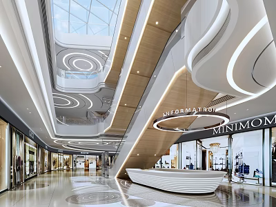 Spacious Shopping Mall Lobby Featuring Glass Skylight Curved Architectural Designs Brand Stores And Information Desk 3d model