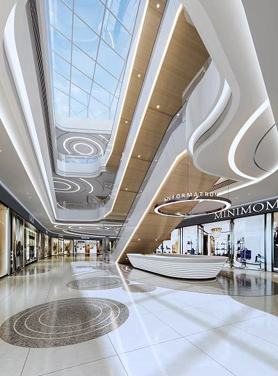 Spacious Shopping Mall Lobby Featuring Glass Skylight Curved Architectural Designs Brand Stores And Information Desk 3d model