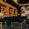 Modern Luxury KTV Lounge with Emerald Green Sofa Gold Framed Furniture and Geometric Pattern Carpet