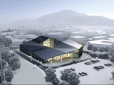 Modern Geometric Hotel Building With Black Roof Glass Facade Surrounded by Trees And Mountain View 3d model