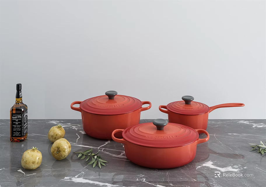 Red Cooking Pots on Gray Marble Countertop with Potatoes Rosemary and Whiskey Bottle 3d model 
