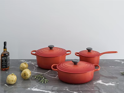 Red Cooking Pots on Gray Marble Countertop with Potatoes Rosemary and Whiskey Bottle 3d model