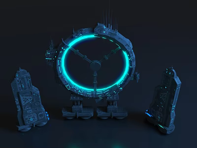 Futuristic Architecture Featuring Circular Structure With Blue Glowing Ring And Tower Like Buildings 3d model