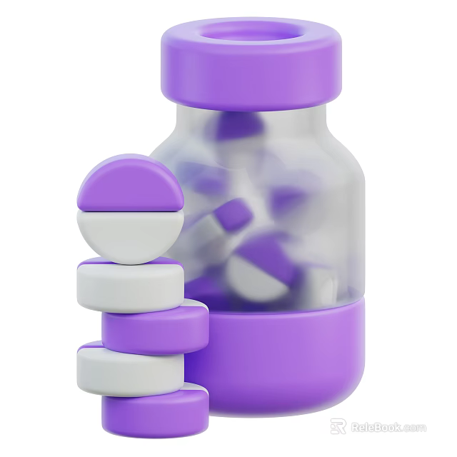 Purple And White Candy Tablets In Transparent Bottle With Stacked Snacks 3d model 