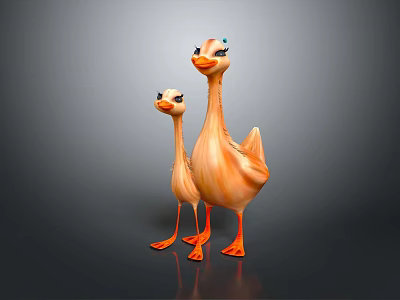 Cute Orange Mother Duck With Small Duckling On Smooth Dark Background 3d model
