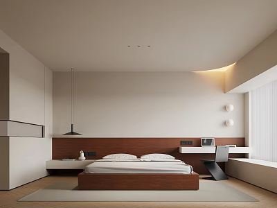 Modern Bedroom Interior With Wooden Bed Study Desk And Pendant Light 3d model