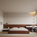 Modern Bedroom Interior With Wooden Bed Study Desk And Pendant Light