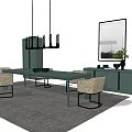 Modern Dining Table And Chairs Set With Black Pendant Light Green Cabinet And Gray Rug