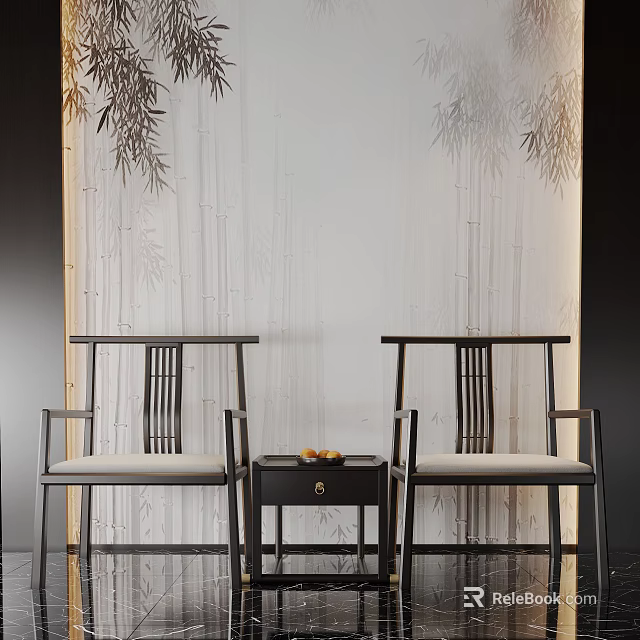 Two Modern Leisure Chairs With Side Table And Bamboo Pattern Wall 3d model