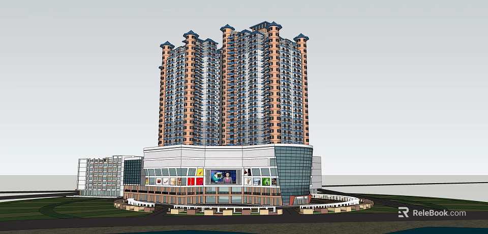 Modern Commercial Complex With High Rise Towers Glass Facade And Retail Storefronts 3d model 
