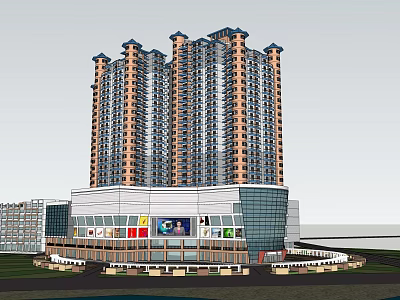 Modern Commercial Complex With High Rise Towers Glass Facade And Retail Storefronts 3d model