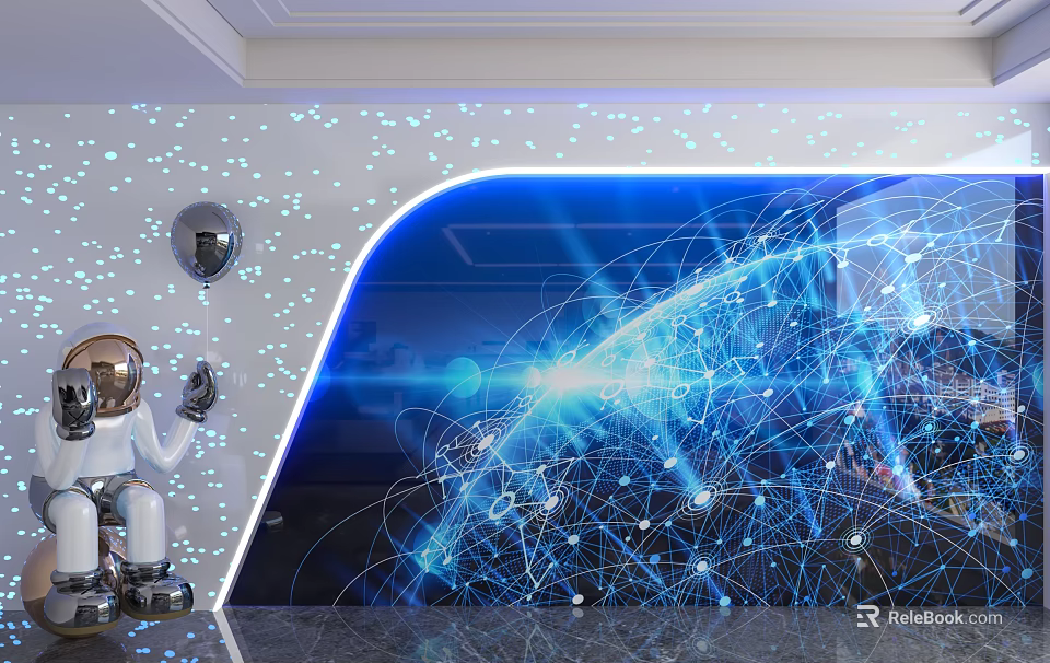 Tech Inspired Blue Background Wall With Network Lines Earth Pattern And Astronaut Model 3d model 