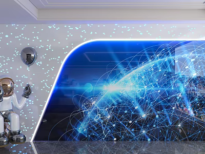 Tech Inspired Blue Background Wall With Network Lines Earth Pattern And Astronaut Model 3d model