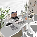 Modern Minimalist White Desk Setup With Laptop Headphones Keyboard Desk Lamp And Coffee Mug