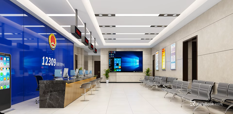 12309 Legal Service Hall Interior With Blue Background Service Counter Large Screen And Waiting Seats 3d model 