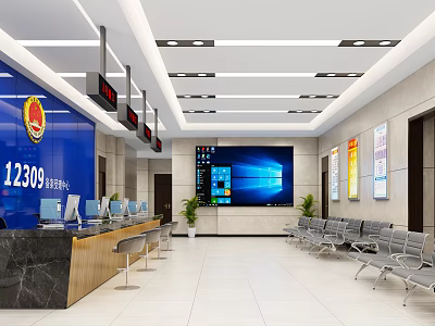 12309 Legal Service Hall Interior With Blue Background Service Counter Large Screen And Waiting Seats 3d model