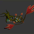 Game Movie Character With Red Wings Twisted Branch Body Blue Sword And Green Base