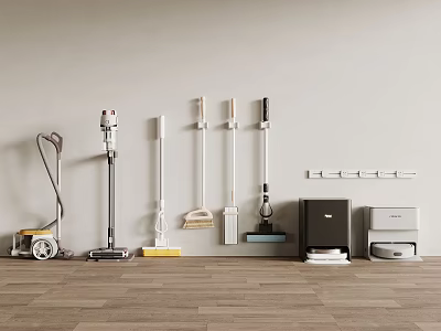 Various Household Cleaning Appliances Including Vacuum Cleaners Mops Brooms And Storage Boxes Arranged Along Wall 3d model