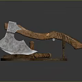 Decorative Axe Display With Intricate Metal Head Wooden Handle On Round Base And Scroll