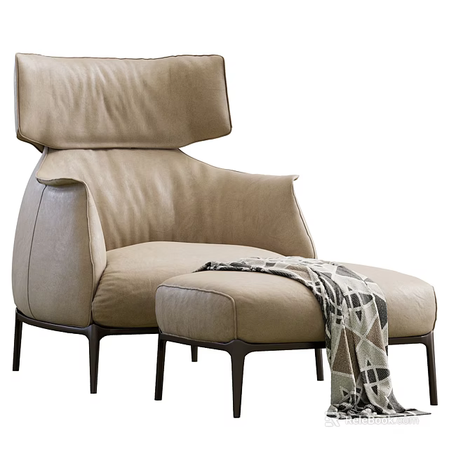 Modern Beige Leather Leisure Chair With Ottoman Dark Legs And Geometric Pattern Blanket 3d model 
