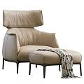 Modern Beige Leather Leisure Chair With Ottoman Dark Legs And Geometric Pattern Blanket