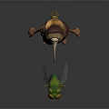 Game Movie Character With Tall Humanoid In Purple Robe Long Nose And Small Green Yellow Insect