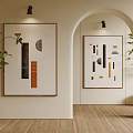 Modern Abstract Paintings on Beige Wall with Archway Wooden Floor and Potted Plant