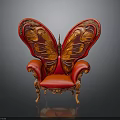 Red Butterfly Shaped Chair With Ornate Carved Wings And Wooden Legs Luxurious Unique Furniture Design