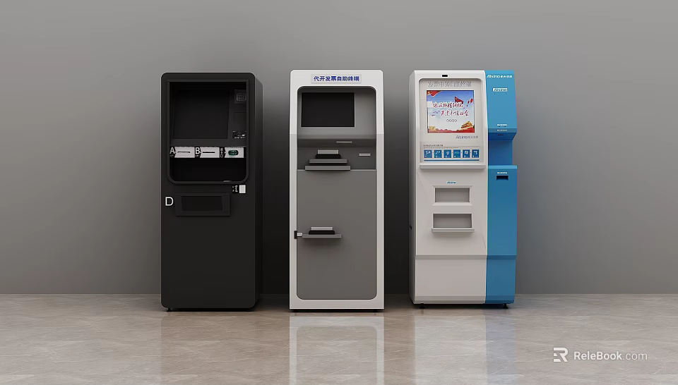 Public Self Service Terminals With Modern Design Black Gray Blue White Screen And Operation Panel 3d model 