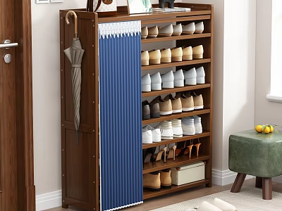 Wooden Multi Tier Shoe Cabinet With Blue Curtain And Umbrella Holder For Various Shoes Storage 3d model