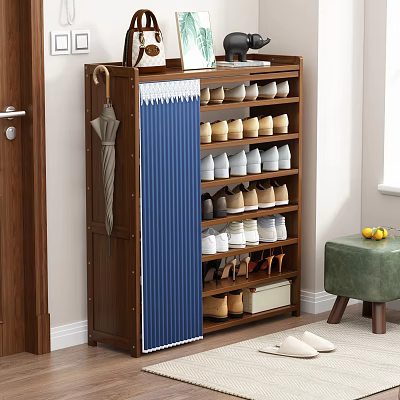 Wooden Multi Tier Shoe Cabinet With Blue Curtain And Umbrella Holder For Various Shoes Storage 3d model