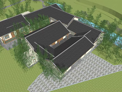 Traditional Homestay Building With Black Tile Roof Surrounding Trees Stone Path And Courtyard 3d model