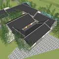 Traditional Homestay Building With Black Tile Roof Surrounding Trees Stone Path And Courtyard