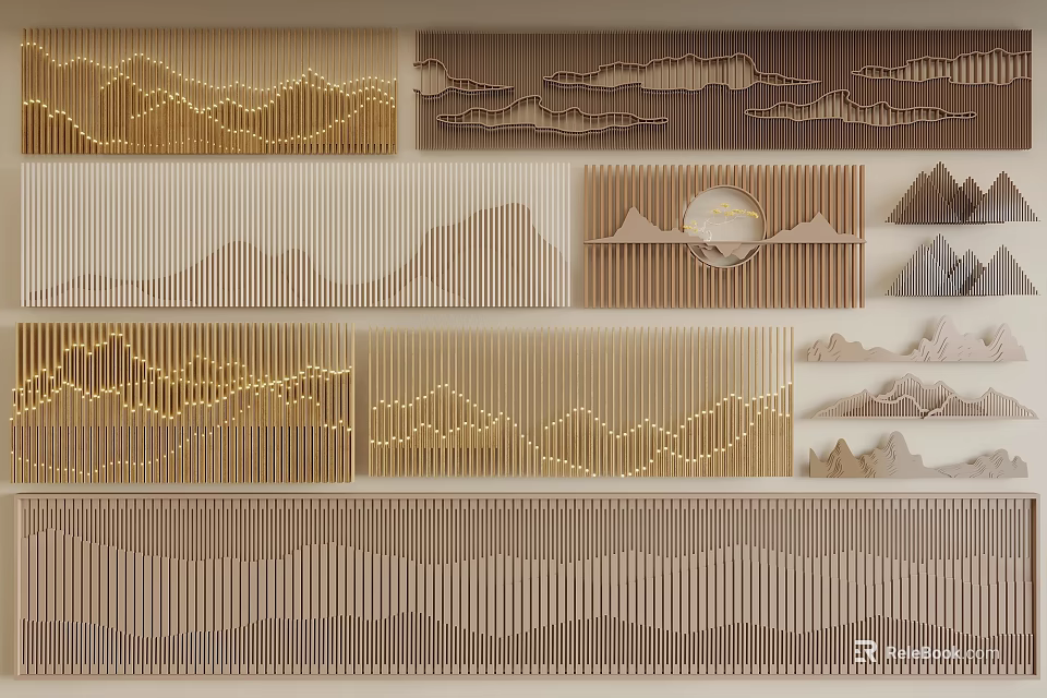 Creative Interior Wall Design With Layered Patterns Wooden Textures And Gold Accents 3d model 