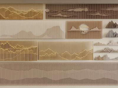 Creative Interior Wall Design With Layered Patterns Wooden Textures And Gold Accents 3d model