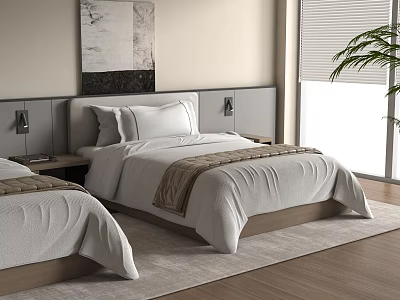 Modern Single Bed with White Sheets Gray Headboard Nightstand Wall Painting and Plant 3d model