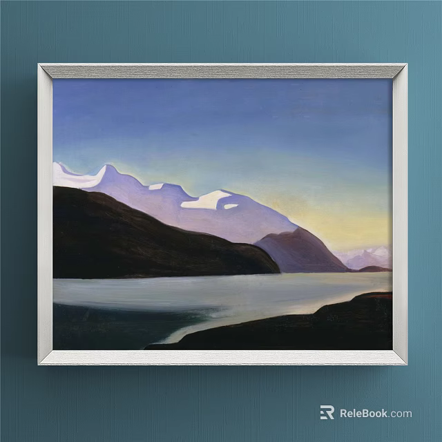 Landscape Painting With Snow Capped Mountains Serene Lake And Violet Yellow Sunset Sky 3d model 