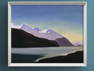Landscape Painting With Snow Capped Mountains Serene Lake And Violet Yellow Sunset Sky 3d model