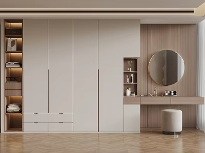 Modern Wardrobe Room Interior With White Wardrobes Wooden Wall Round Mirror And Dressing Table 3d model