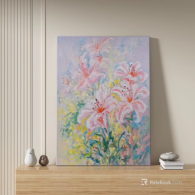 Vibrant Pink Lily Oil Painting With Yellow Green Background And Soft Brushstrokes 3d model 