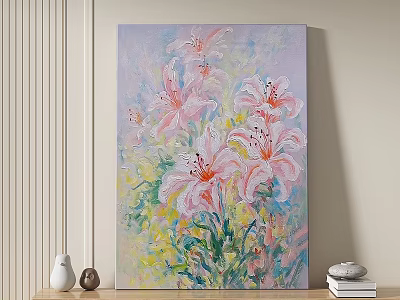 Vibrant Pink Lily Oil Painting With Yellow Green Background And Soft Brushstrokes 3d model