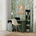 Modern Public Office Space With Green Leafy Wallpaper Desk Laptop Chair Bookshelf And Corkboard