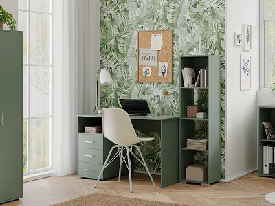 Modern Public Office Space With Green Leafy Wallpaper Desk Laptop Chair Bookshelf And Corkboard 3d model