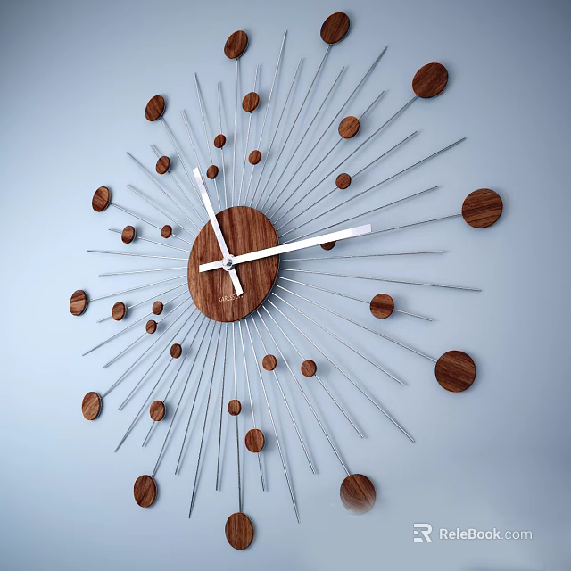 Stylish Modern Wall Clock With Wooden Dial Metal Radial Lines And Wooden Dots Markers 3d model 