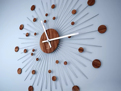 Stylish Modern Wall Clock With Wooden Dial Metal Radial Lines And Wooden Dots Markers 3d model