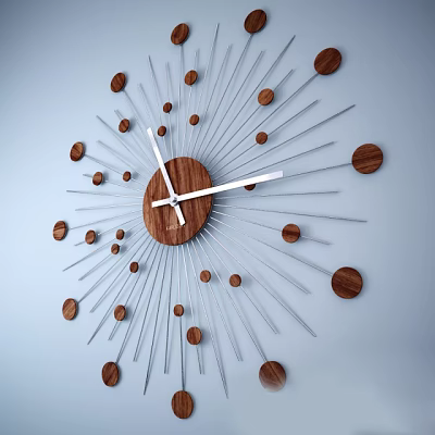 Stylish Modern Wall Clock With Wooden Dial Metal Radial Lines And Wooden Dots Markers 3d model